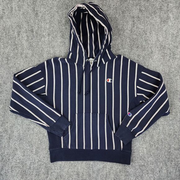 Champion Hoodie Womens Medium Blue Stripe Reverse Weave Heavyweight Sweatshirt - Picture 1 of 16